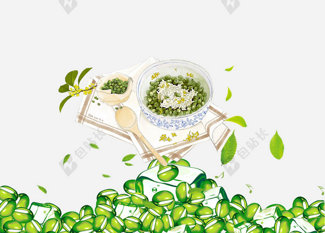小清新绿豆绿豆粒元素白色海报背景