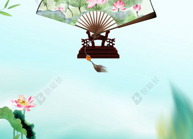 中国传统节日绿色荷叶扇子24节气小暑海报背景