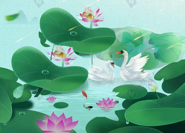 中国传统节日绿色荷叶天鹅24节气小暑海报背景