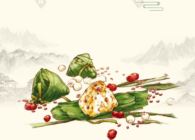 清新古风卡通手绘插画粽子端午节海报背景