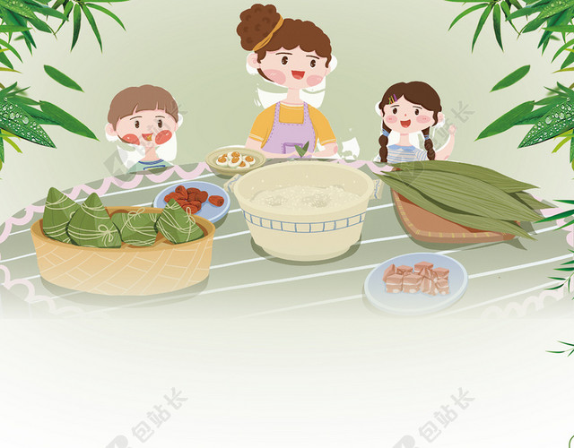 小清新简约手绘卡通可爱插画粽子端午节海报背景