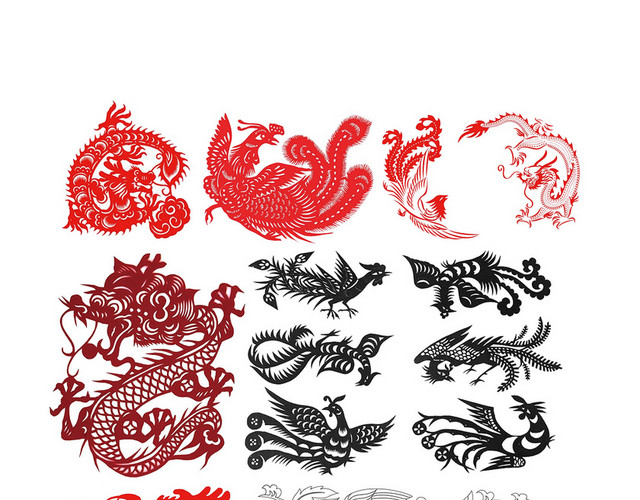 中国风剪纸红色龙凤窗花剪纸PNG素材