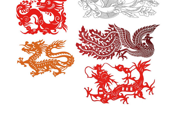 中国风剪纸红色龙凤窗花剪纸PNG素材