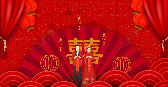 红色中式婚礼人物海报背景