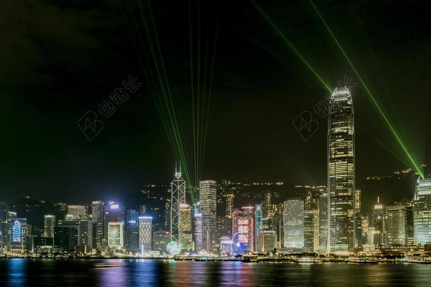 激光 天际线 海港 摩天楼 海滨 市容 夜 维多利亚港