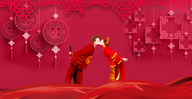 红色中国风婚礼展板背景
