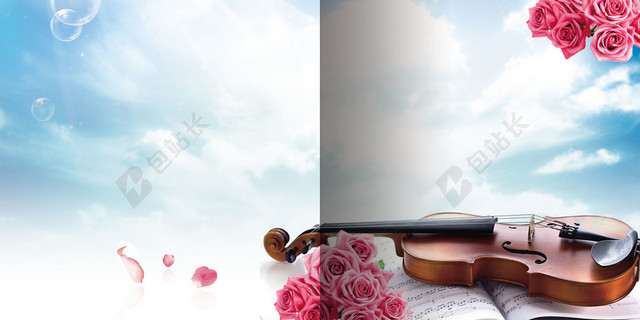 小提琴红色玫瑰花天空元素封面背景