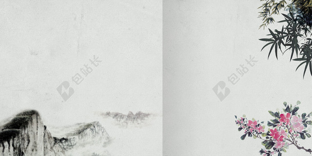 中国水墨山峰竹子红色花朵元素封面背景