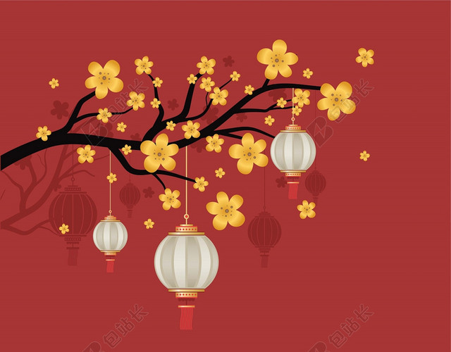 红色腊梅灯笼中国风喜庆新年素材