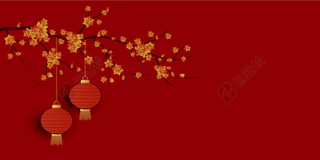 纹理红色中国风花枝灯笼背景素材