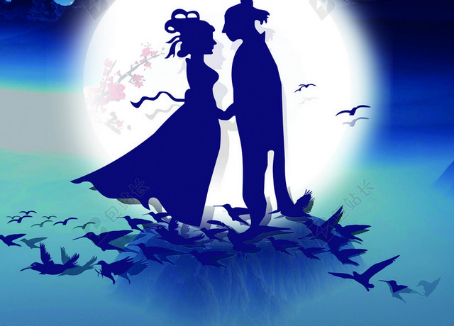 蓝色简约浪漫七夕情人节梦幻明亮月亮牛郎织女海报展板背景素材