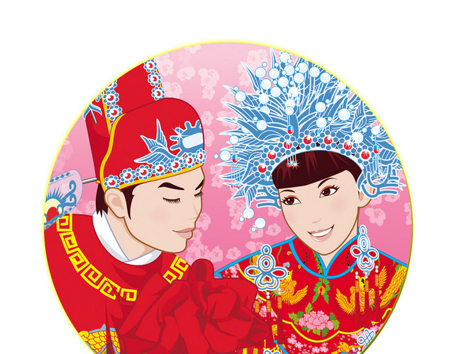 红色喜庆婚礼卡通新郎新娘形象素材