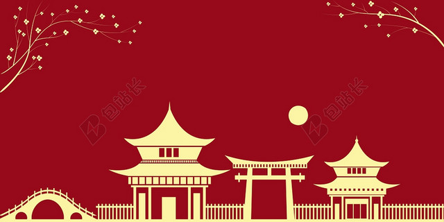 红色中国风建筑背景素材