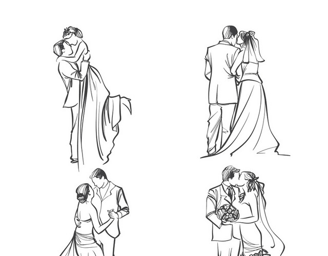 小清新婚礼婚庆人物简笔画花卉素材