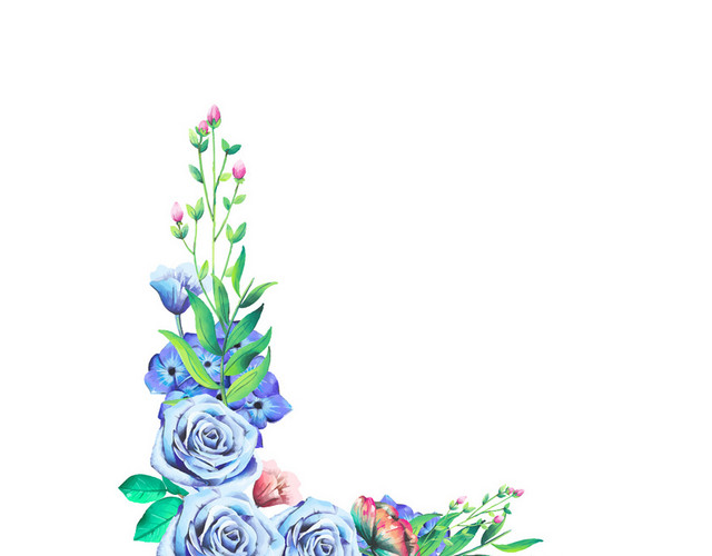 蓝色唯美花边水彩风格婚礼花卉背景素材