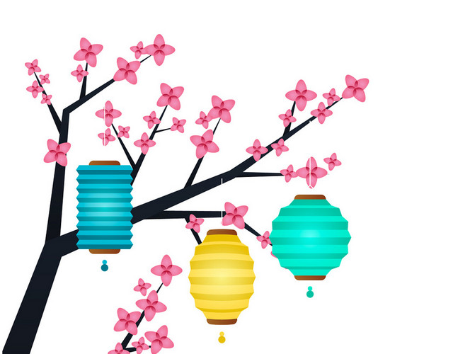 中秋传统节日五彩灯笼樱花树设计素材