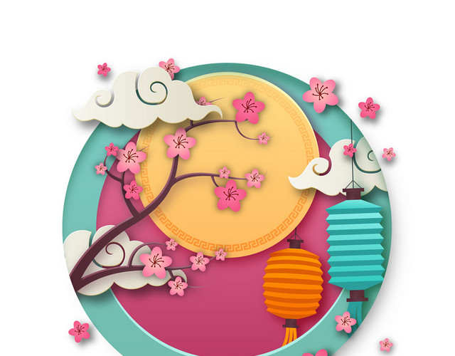 中秋传统节日樱花彩云灯笼古风意象唯美设计素材