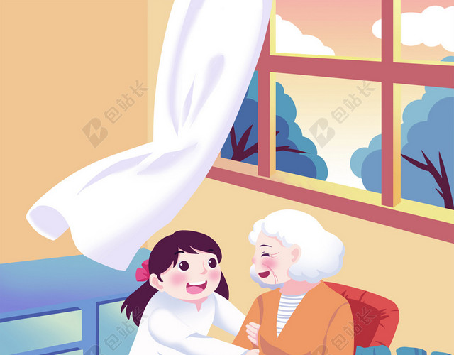 重阳节老人孙女插画背景