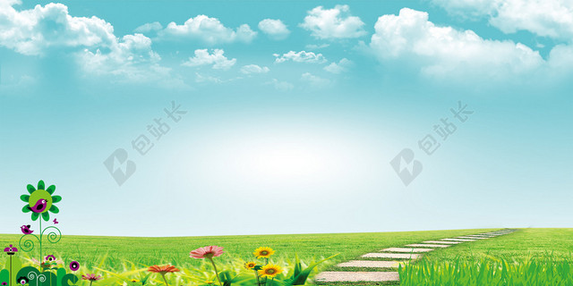 绿色背景春天夏天绿色蓝天白云绿草地背景