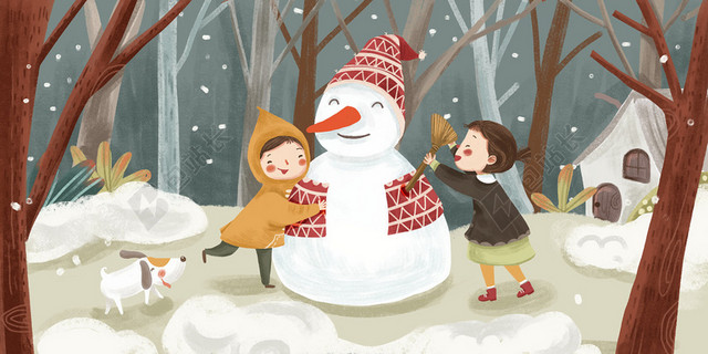 冬至小朋友堆雪人插画背景