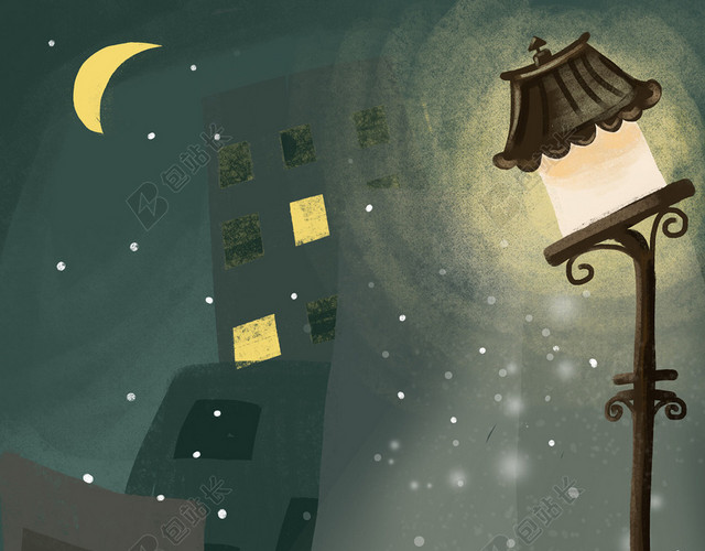 冬至下雪天路灯下的情侣插画背景