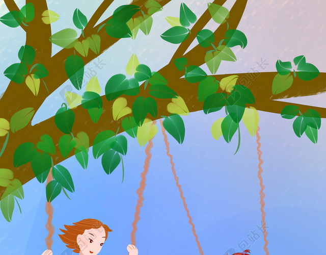 母女游玩荡秋千插画海报背景素材