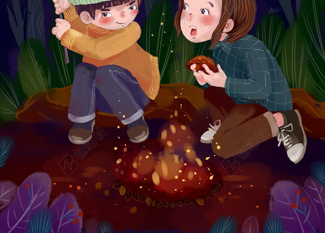 白露野外烧烤篝火插画背景