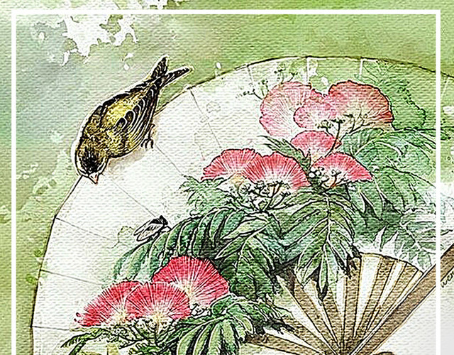 水彩水墨古风边框扇子小鸟素材