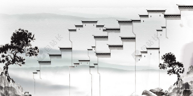 古建筑群中国风古风水墨山水展板背景