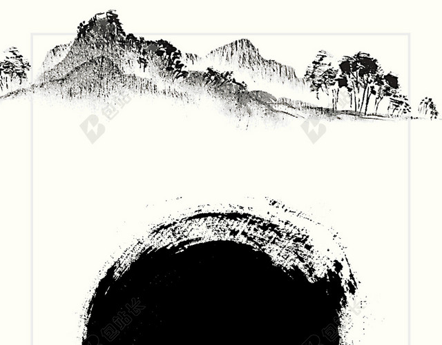 简约水墨湖泊落日背景