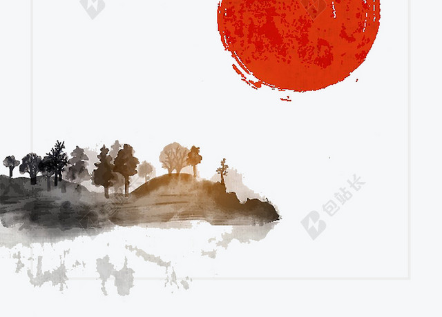 简约水墨柳枝落日背景