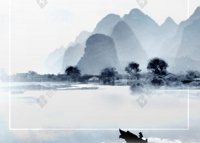 简约水墨远山湖泊背景