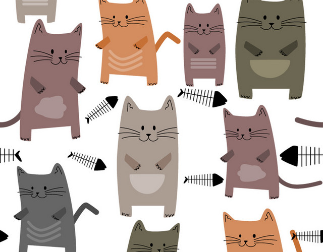矢量插画猫和小鱼清新手绘素材