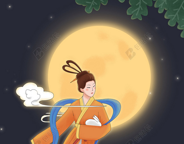手绘中秋节卡通满月下怀抱玉兔的嫦娥奔月原创插画背景