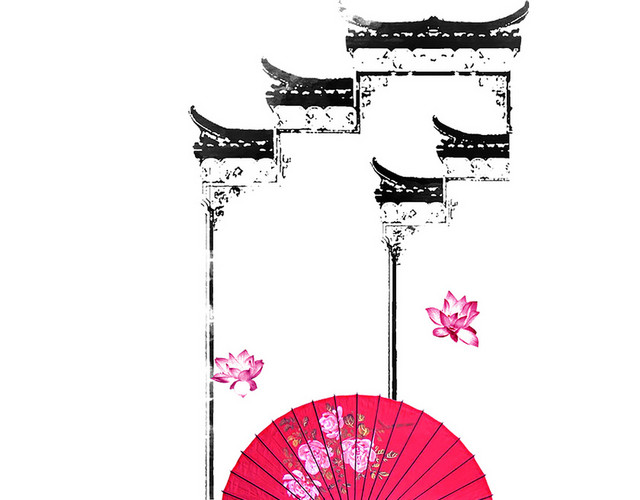 中式风雨伞和屋檐古风建筑免抠图