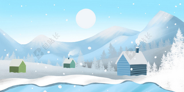 冬季雪山风景手绘原创插画背景素材