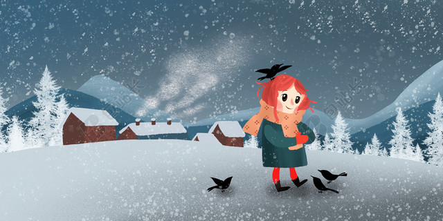 冬季女孩雪地喂鸟手绘原创插画背景素材
