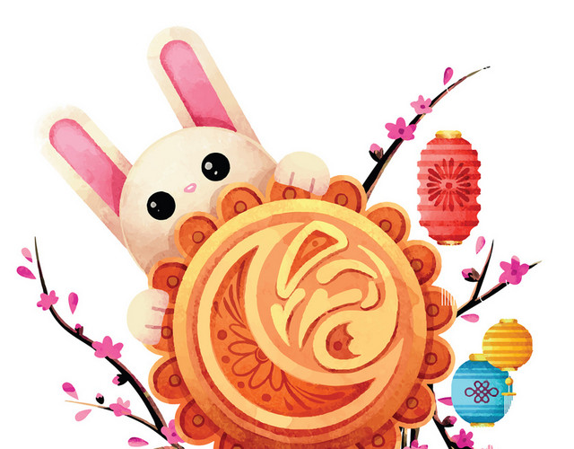 水彩手绘中秋佳节中秋节兔子月饼花朵免抠图