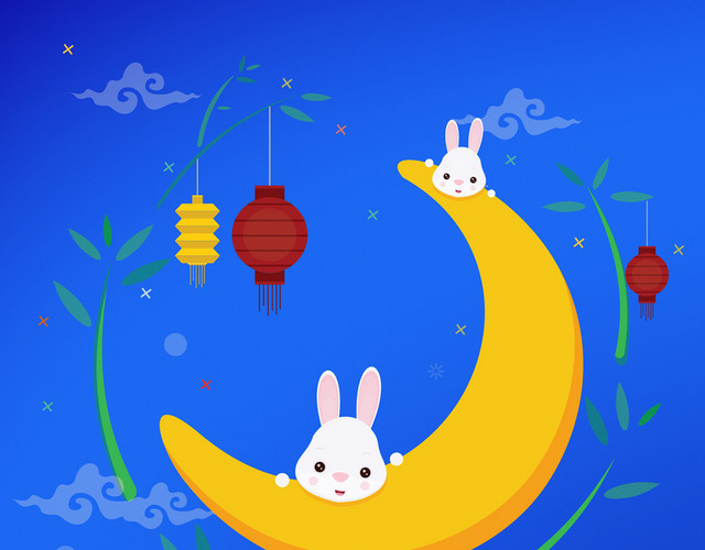 手绘调皮兔子在月亮上中秋佳节中秋节免抠图