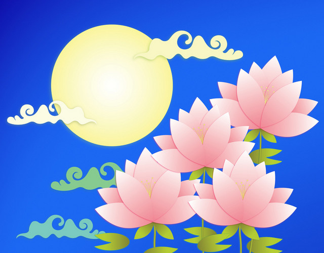 荷花和明月中秋佳节中秋节赏月免抠图