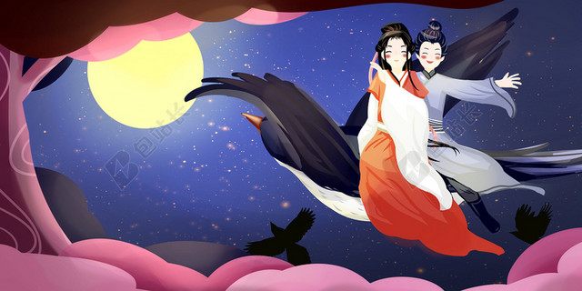 甜蜜卡通人物人物插画七夕情人节海报背景