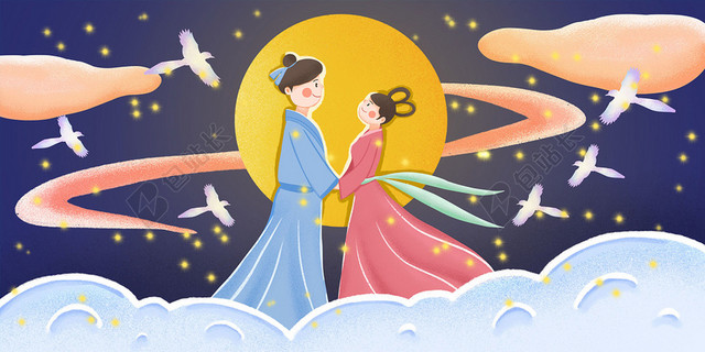 牛郎织女卡通人物人物插画七夕情人节促销海报背景