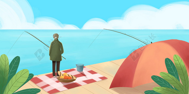 小清新海边垂钓野餐原创插画背景