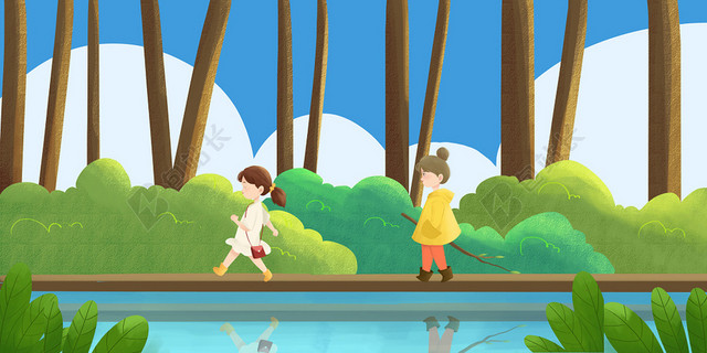 太空小清新野餐人物原创插画背景