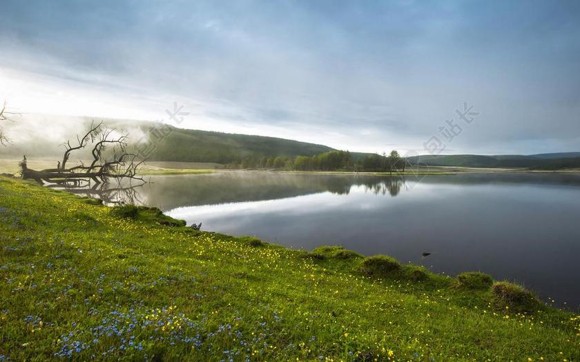 草地边宁静的湖泊背景图片