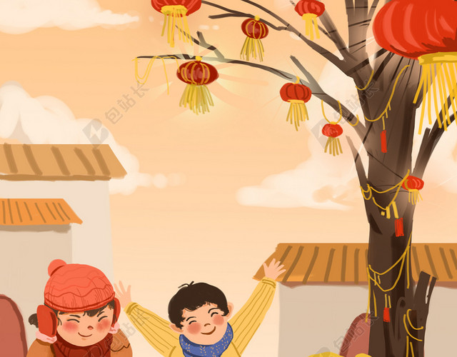卡通装饰手绘元宵节放烟花玩耍童年回忆故乡人物原创插画背景