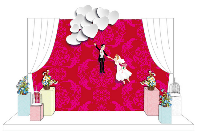 婚礼场景图效果图简约红色婚礼道具婚庆婚礼场景效果图素材