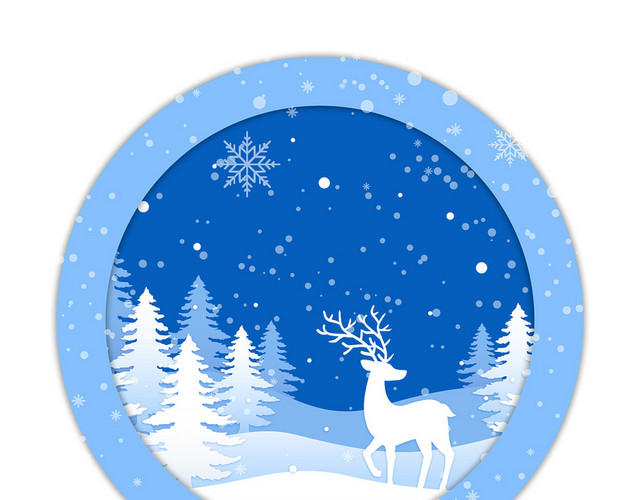 简约立冬冬天雪景树鹿圆框素材