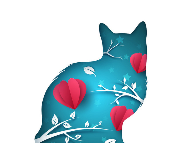 蓝色猫咪剪影剪纸矢量素材
