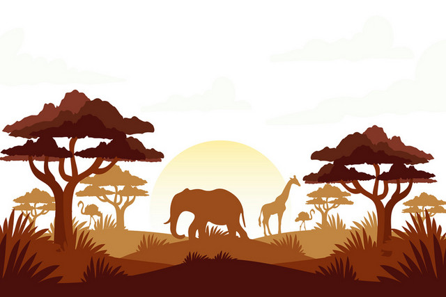 彩色长颈鹿大象树木剪影素材